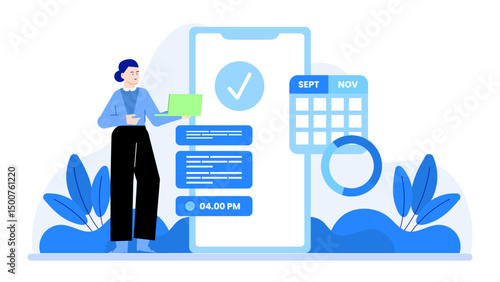 Busy woman multitasking with laptop, phone, calendar, and checklist. Suitable for technology, productivity, work from home, and organization concepts.