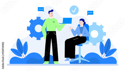 Man presenting laptop to woman. Suitable for technology, business, communication concepts. Professional environment, teamwork, meeting or partnership visuals.