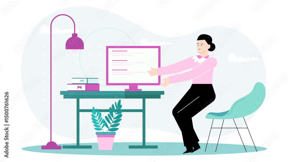 Woman working at desk with computer and plant, suitable for professional and remote work concepts in office setting. Woman working at desk with computer and plant, suitable for professional and remote work concepts in office setting.