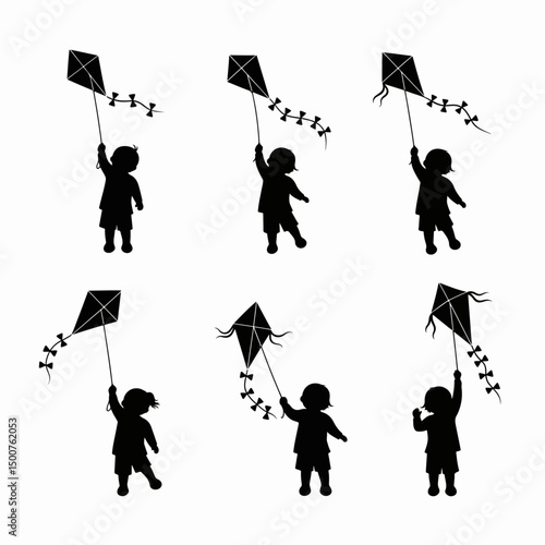 Kids flying kite silhouette activity fun