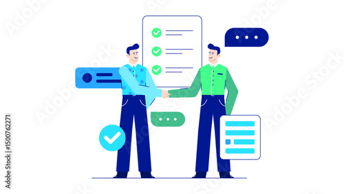 Two men shake hands near a checklist and speech bubbles, ideal for business negotiations, meetings, agreements, teamwork, or project collaboration.
