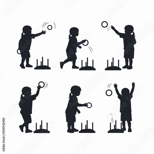 Child silhouette playing ring toss game