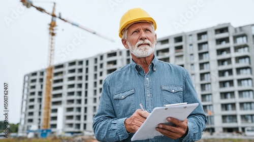 Senior construction worker with hard hat and clipboard stands near building site.