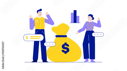 Man and woman celebrating near a bag of money. Suitable for finance, success, business, wealth, teamwork concepts in various design projects.