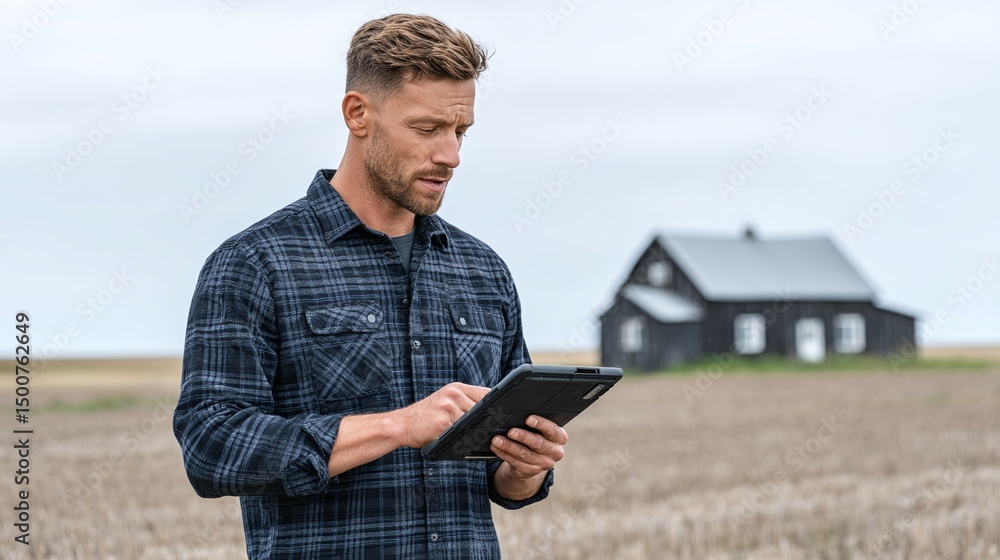 Obraz premium Man uses a tablet in a field with a house in the background.