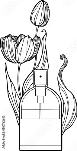 Beauty composition of vector tulips and perfume for design perfume's shop isolated.