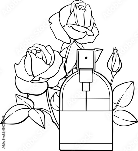 Beauty composition of vector roses and perfume for design perfume's shop isolated.