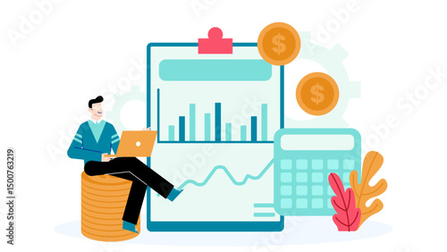 Man on stack of coins with laptop, suitable for finance, business, freelance, banking, money management, and digital nomad concepts.