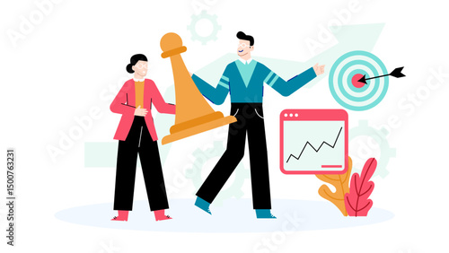 Man standing by chess piece, stairs background. Suitable for strategy, competition, leadership themes in business or education designs.