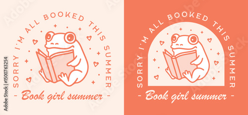 Book girl summer all booked frog reading romance books lover club fantasy reader funny shirt design. Retro kawaii cute animal orange aesthetic beach holidays puns quotes drawing illustration print.