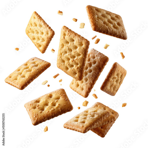 A studio shot of several rectangular crackers falling against a transparent background with crumbs scattered around