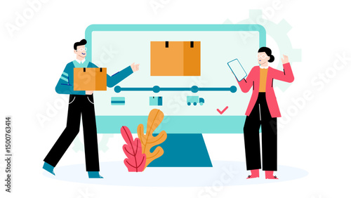 Man delivering a package to a smartphone. Perfect for depicting online shopping, delivery services, technology communication, ecommerce, and digital transactions.