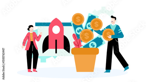 Two people next to a rocket and a pot of money, representing financial success in the space industry. Suitable for business concepts.