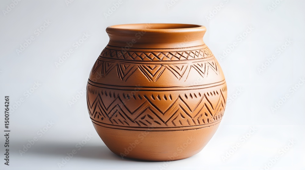 Handcrafted clay pot with patterns on white background. Handcrafted clay pot with patterns on white background.