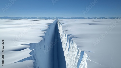 Large ice crevasse in a snowy landscape