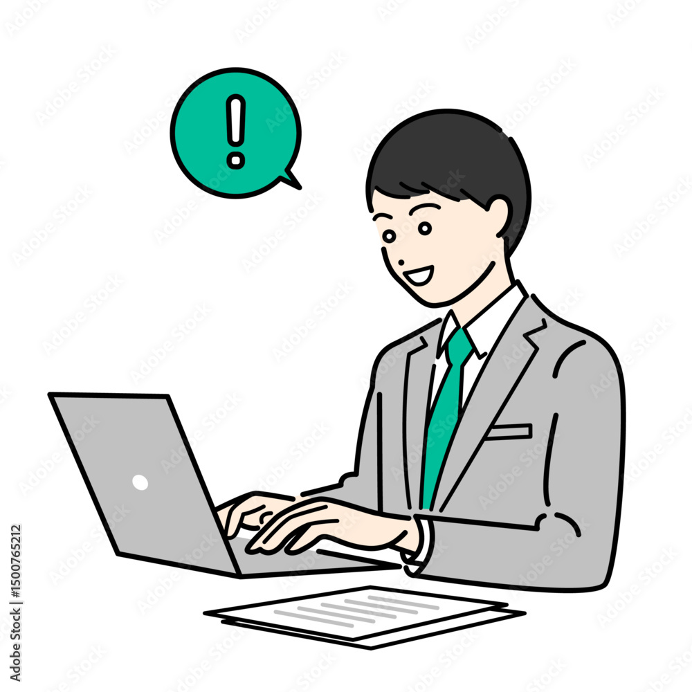 パソコン作業中に思いついた、ビジネススーツを着た男性のシンプルな上半身ベクターイラスト パソコン作業中に思いついた、ビジネススーツを着た男性のシンプルな上半身ベクターイラスト