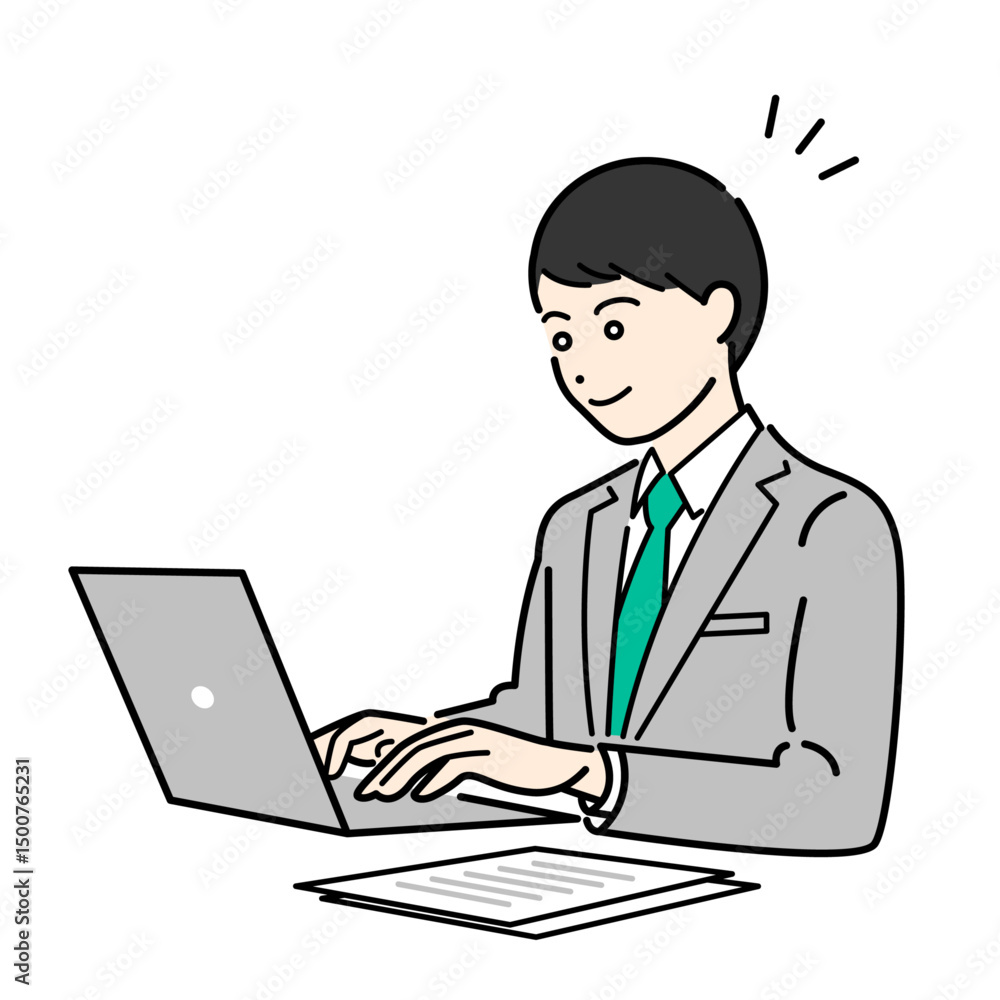 ビジネススーツを着た男性がパソコンを作業しているシンプルな上半身ベクターイラスト ビジネススーツを着た男性がパソコンを作業しているシンプルな上半身ベクターイラスト