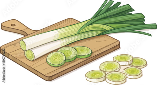 Fresh Leeks on White Cutting Board High Resolution Vector Background
