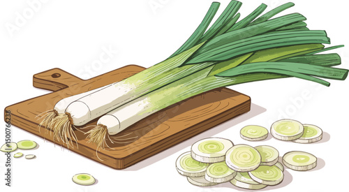 Fresh Leeks on White Cutting Board Background Design