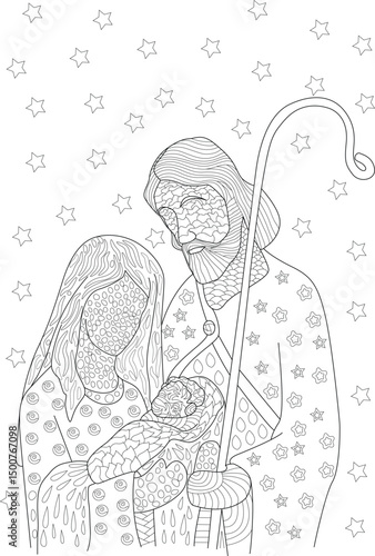 Detailed Nativity Scene Coloring Page, Intricate line art illustration of the Nativity scene, depicting Mary, Joseph, and the baby Jesus, surrounded by stars. Features detailed patterns suitable for 