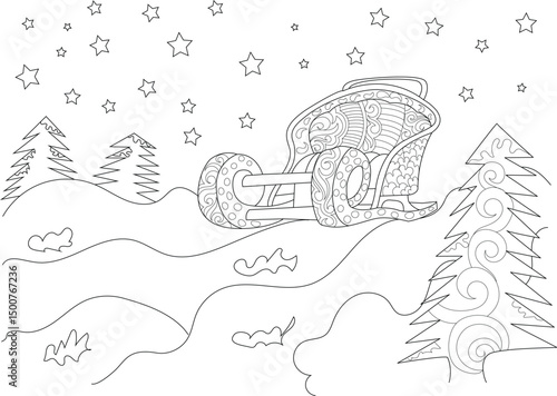 Christmas Sleigh Winter Scene Line Art Coloring Page, Detailed black and white line art illustration featuring a decorative Christmas sleigh in a snowy winter landscape with stylized trees and 