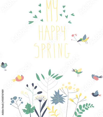 Vector illustration of a cute birds with spring plants