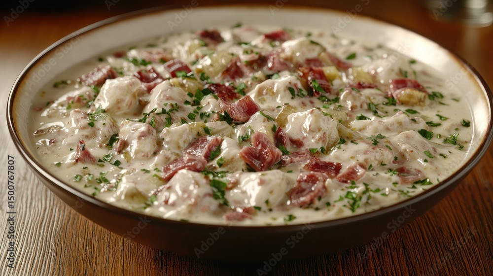 Bowl of creamy, chunky potato & meat stew, herb garnish Bowl of creamy, chunky potato & meat stew, herb garnish