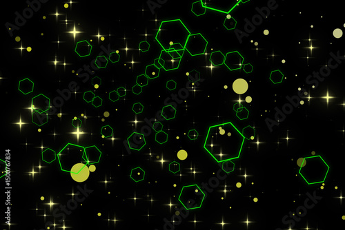A graphic of rising hexagon shape and glitter