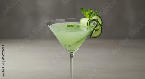 Photo of a Refreshing Green Cucumber Martini with Mint Garnish in a Glass
