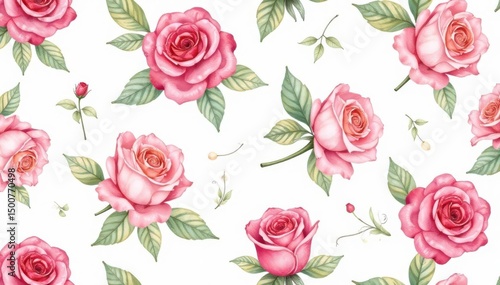Delicate watercolor roses & leaves, repeating pattern, fabric, repeat