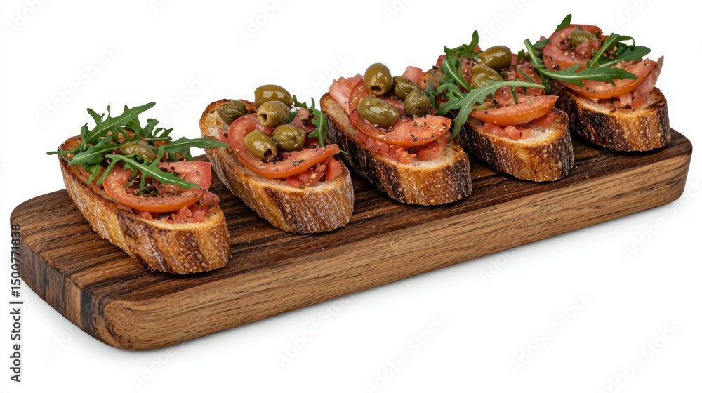Bruschetta topped w/ tomato, olives, arugula on wood board Bruschetta topped w/ tomato, olives, arugula on wood board