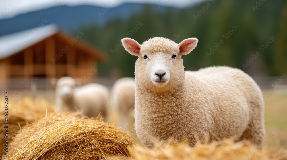 Obraz premium Fluffy sheep stands near hay bales in a scenic rural setting.