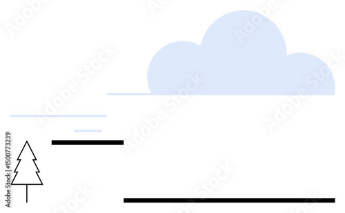 Blue cloud above stylized tree with horizontal geometric lines symbolizes nature, simplicity, and harmony. Ideal for sustainability, environment, minimalism, weather, balance, abstract design