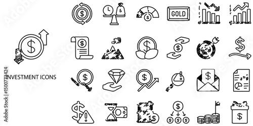 Investment simple concept 24 hand drawn Grew color icons set .Vector illustration.