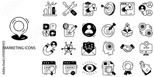 Marketing simple concept 24 hand drawn Grew color icons set .Vector illustration.