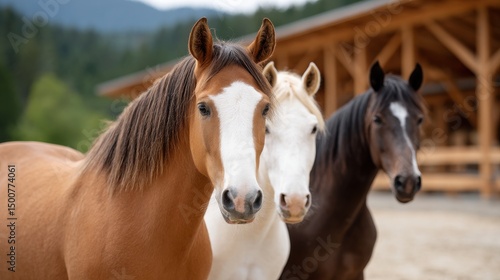 Three horses of different colors standing together in a barn setting.