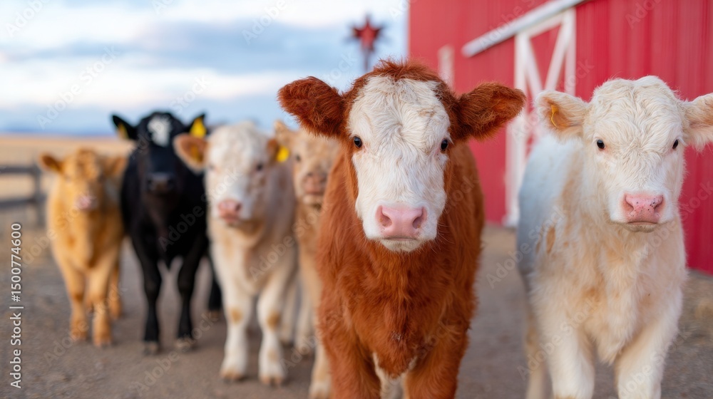 Cattle walking in line near a barn, showcasing various breeds and colors. Cattle walking in line near a barn, showcasing various breeds and colors.