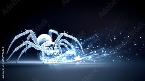 Crystalline spider, ethereal, glowing blue, trails sparkling particles across dark background