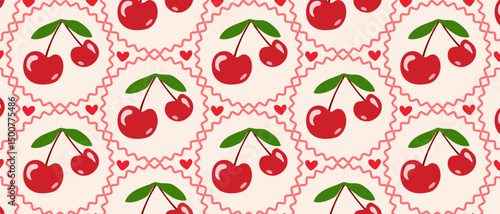 Seamless pattern with juicy cherries and hearts in cells.