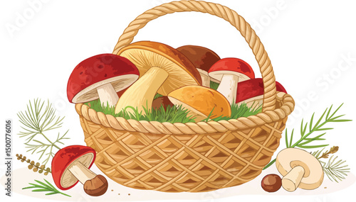 White Background Mushroom in Wicker Basket Charming Autumn Harvest Design