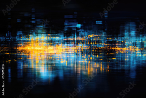 Wallpaper Mural Abstract digital cityscape at night, depicted with blurred, horizontal streaks of blue, teal, and orange light, reflecting on a dark, glossy surface, suggesting motion and speed Torontodigital.ca
