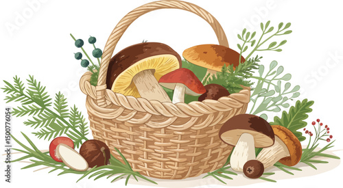 White Background Mushroom in Wicker Basket Vector Illustration