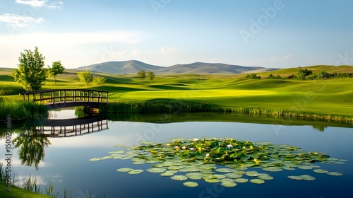 Serene golf course landscape featuring a small wooden bridge over a tranquil pond with lily pads and mountains in the background under a clear sky