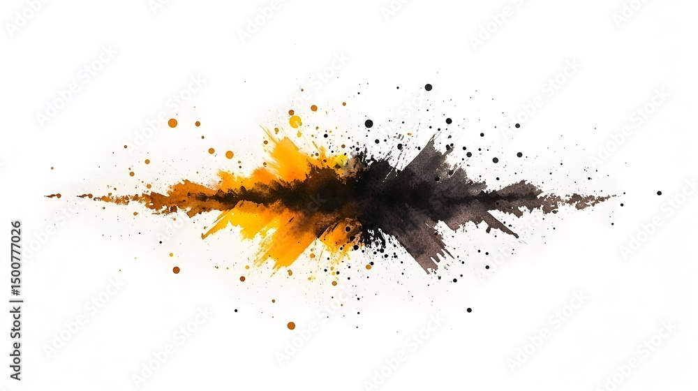 Abstract explosion of vibrant yellow-orange and dark charcoal, splattered across a stark white backdrop, creating a dynamic, contrasting visual Abstract explosion of vibrant yellow-orange and dark charcoal, splattered across a stark white backdrop, creating a dynamic, contrasting visual