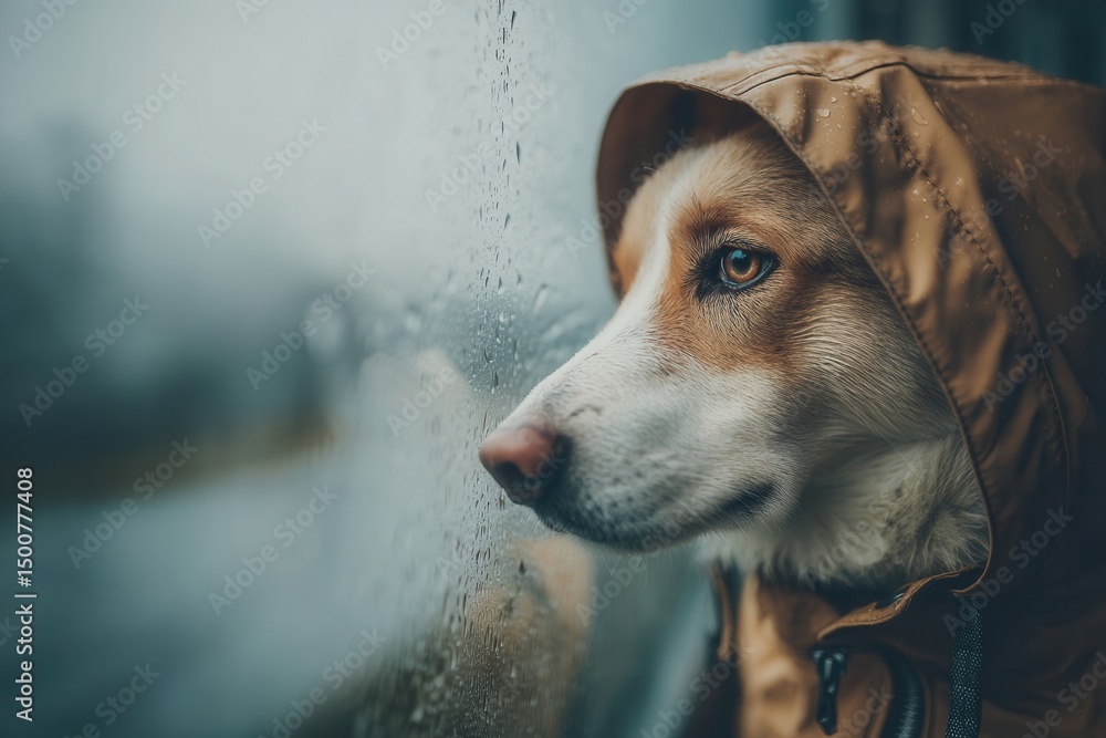 Obraz premium A dog in a raincoat gazes out a rainy window, reflecting a calm and contemplative mood.