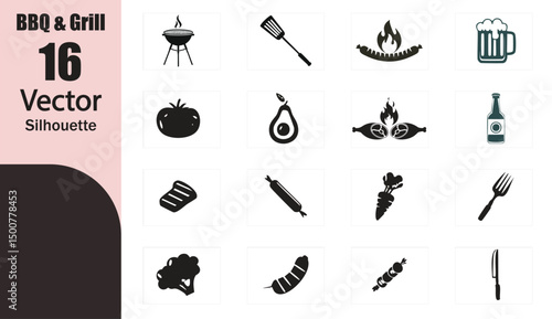 Sixteen bbq grill vector silhouettes food icons
