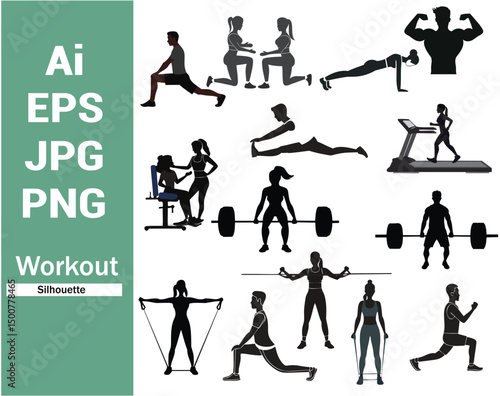 Fitness workout silhouettes diverse exercises gym training