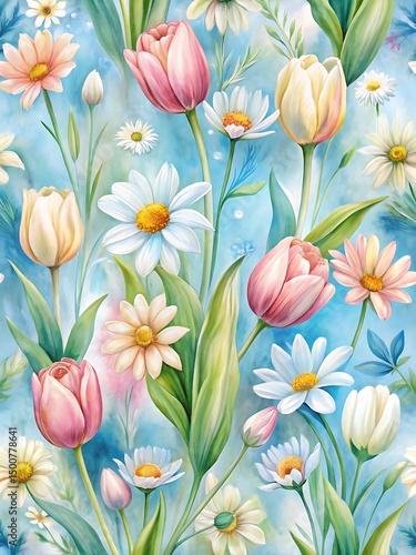 Painting of a field of flowers with a blue background