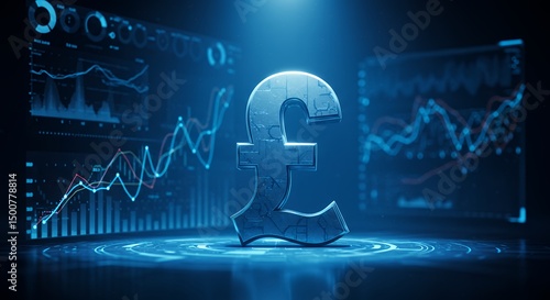 Digital pound symbol amid financial screens
