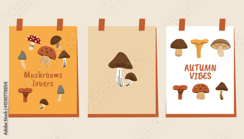 Set of three flat style posters featuring autumn mushrooms. Includes autumn phrases with colorful fungi on warm-toned backgrounds. Perfect for seasonal decor and forest-themed design. Vector